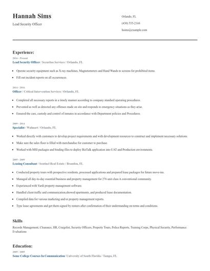 Lead Security Officer Resume