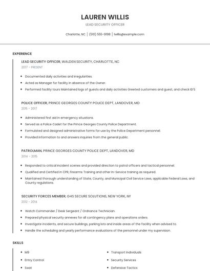 Lead Security Officer Resume