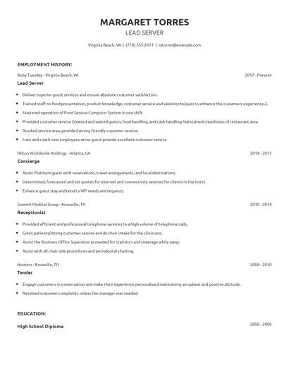 Lead Server Resume