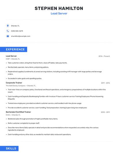 Lead Server Resume
