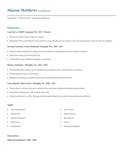 Lead Server Resume