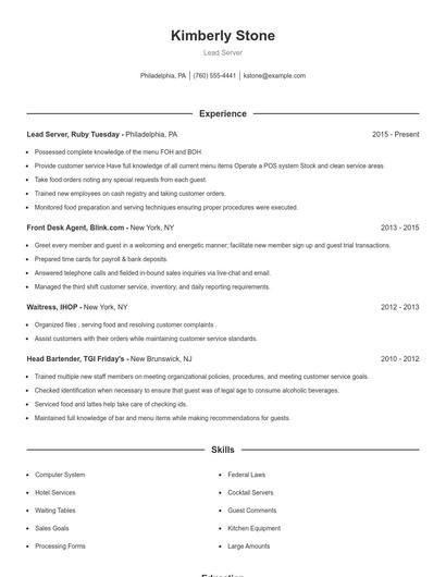 Lead Server Resume