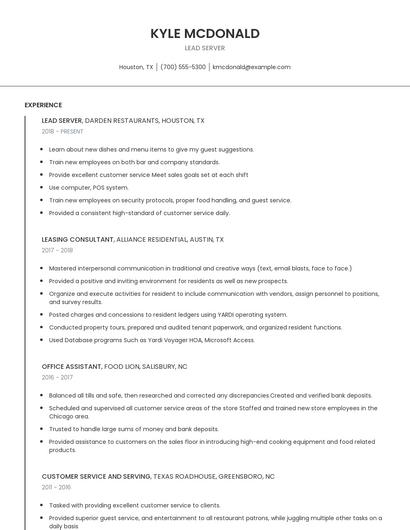 Lead Server Resume