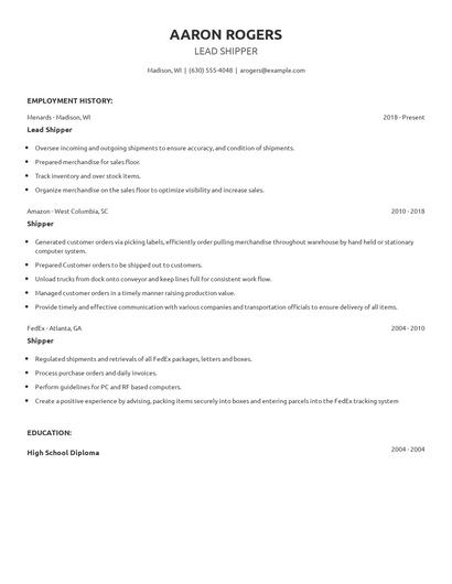 Lead Shipper Resume