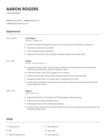 Lead Shipper Resume