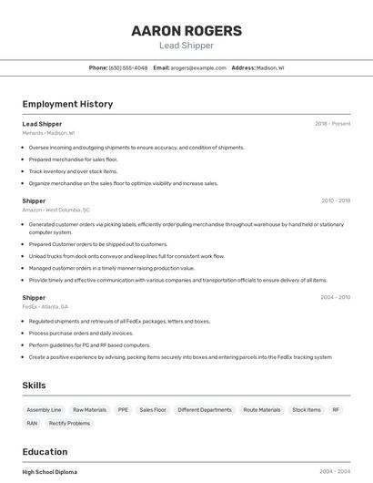 Lead Shipper Resume