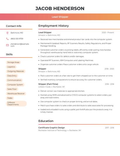 Lead Shipper Resume