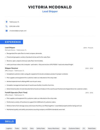 Lead Shipper Resume