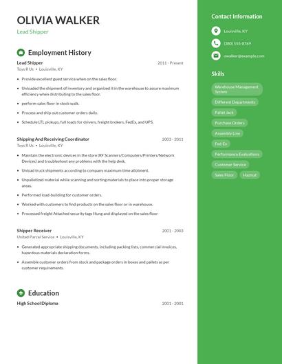 Lead Shipper Resume
