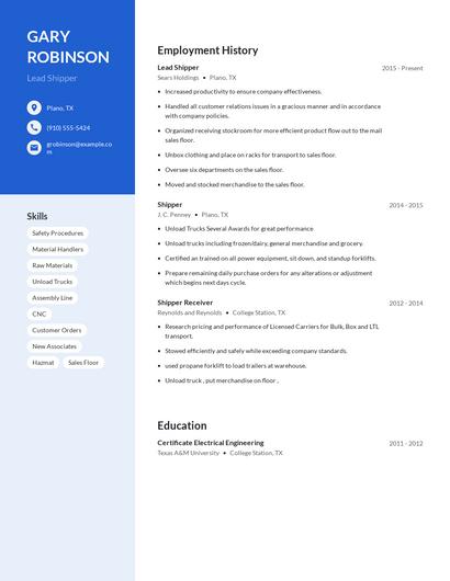 Lead Shipper Resume