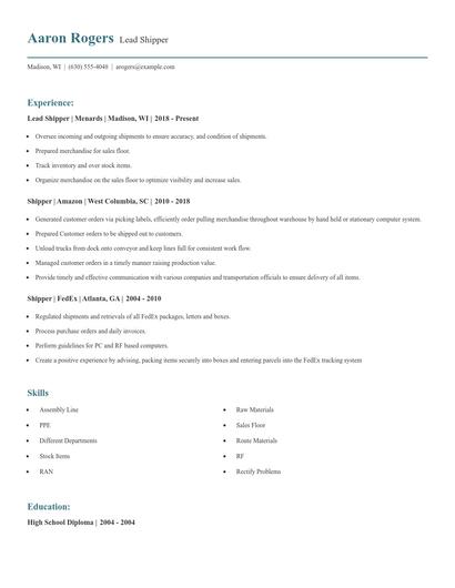 Lead Shipper Resume