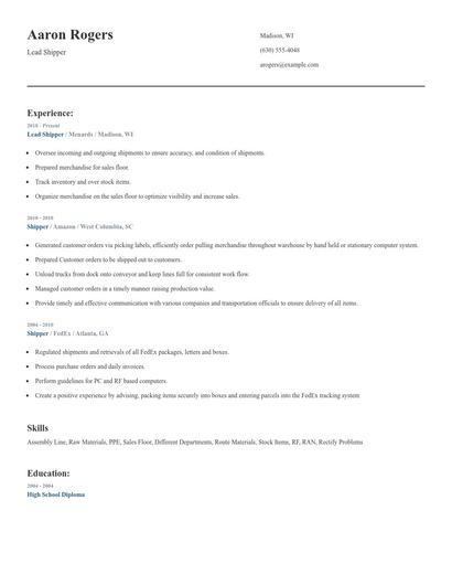 Lead Shipper Resume