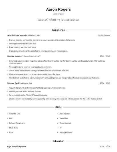 Lead Shipper Resume