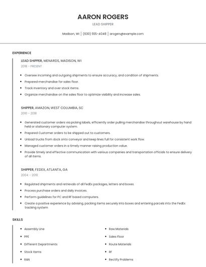 Lead Shipper Resume