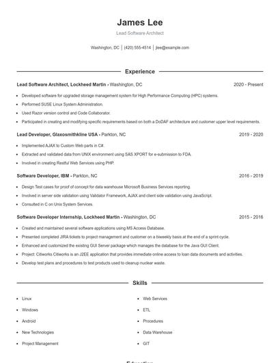 Lead Software Architect Resume