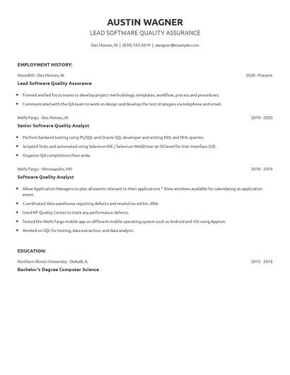 Lead Software Quality Assurance Resume