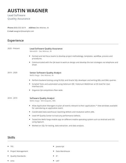 Lead Software Quality Assurance Resume