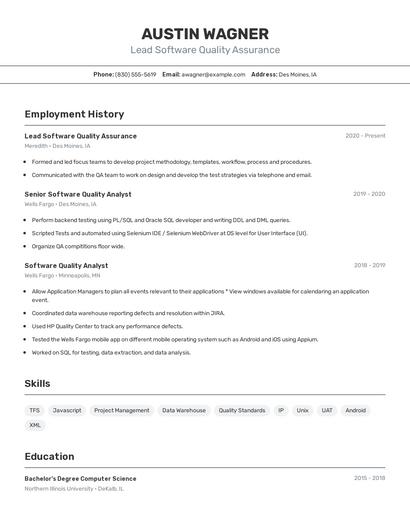 Lead Software Quality Assurance Resume