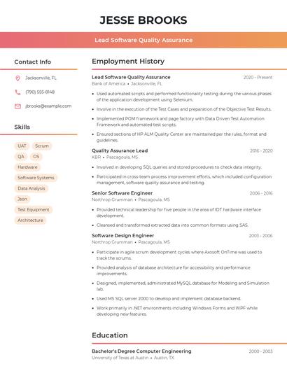 Lead Software Quality Assurance Resume