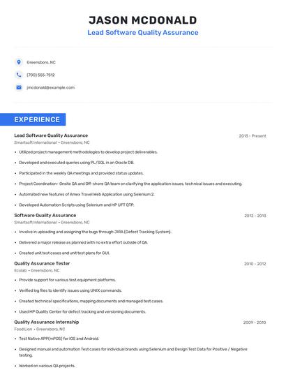 Lead Software Quality Assurance Resume