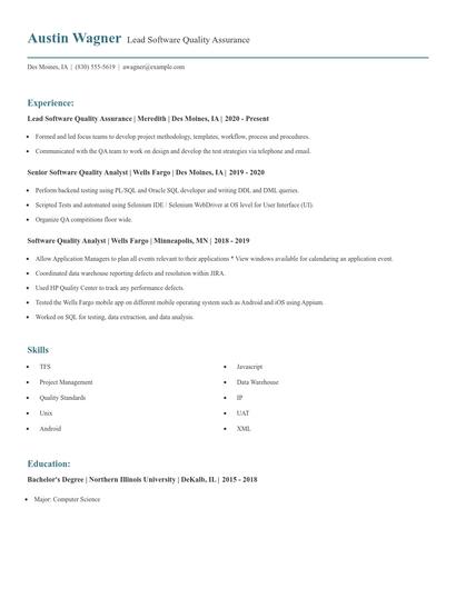 Lead Software Quality Assurance Resume