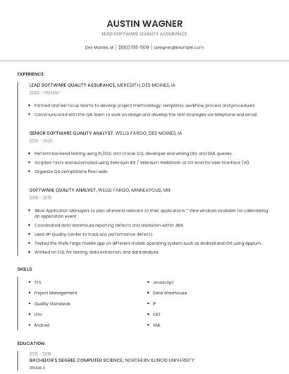 Lead Software Quality Assurance Resume