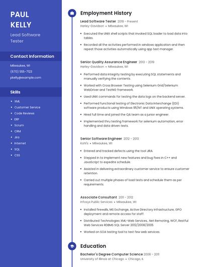Lead Software Tester Resume