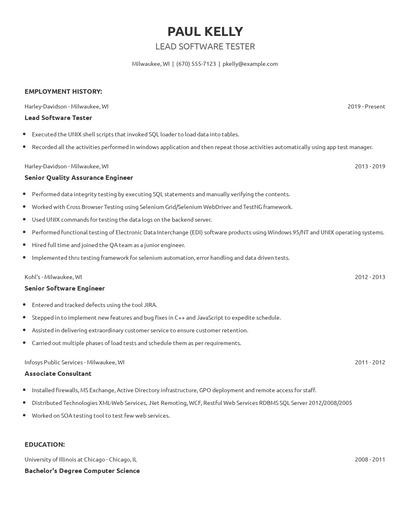 Lead Software Tester Resume