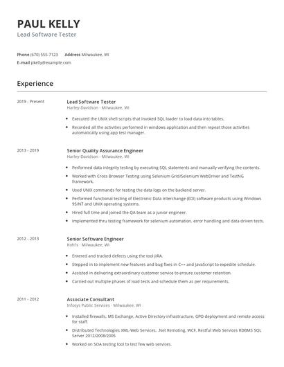 Lead Software Tester Resume