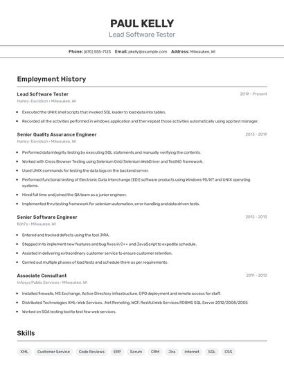 Lead Software Tester Resume