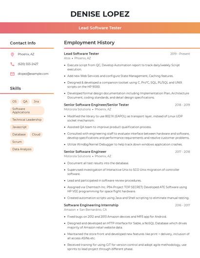 Lead Software Tester Resume