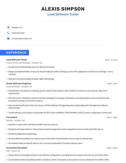 Lead Software Tester Resume