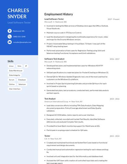 Lead Software Tester Resume
