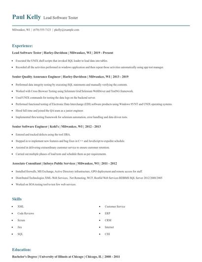 Lead Software Tester Resume