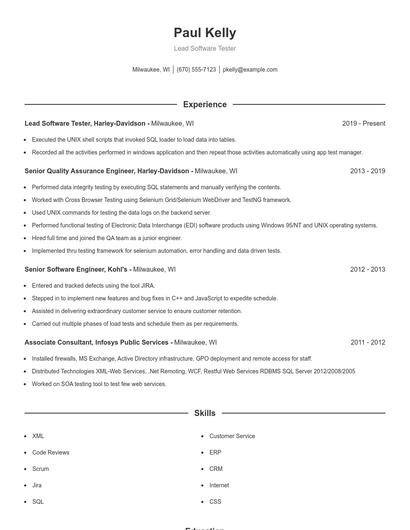 Lead Software Tester Resume
