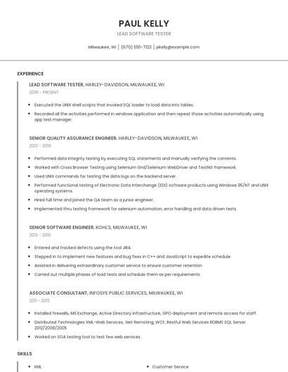 Lead Software Tester Resume