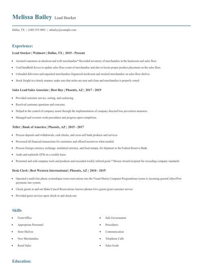 Lead Stocker Resume