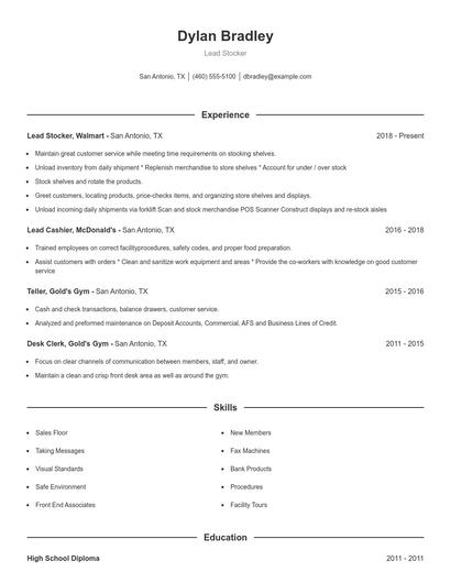 Lead Stocker Resume