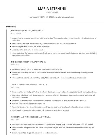 Lead Stocker Resume