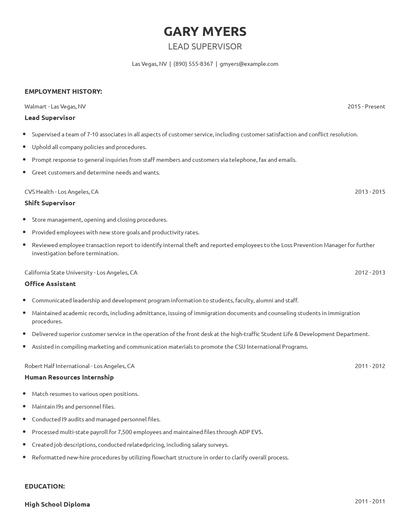 Lead Supervisor Resume