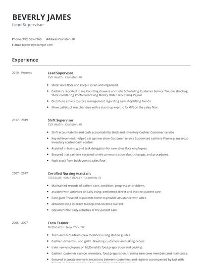 Lead Supervisor Resume