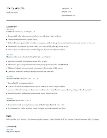 Lead Supervisor Resume