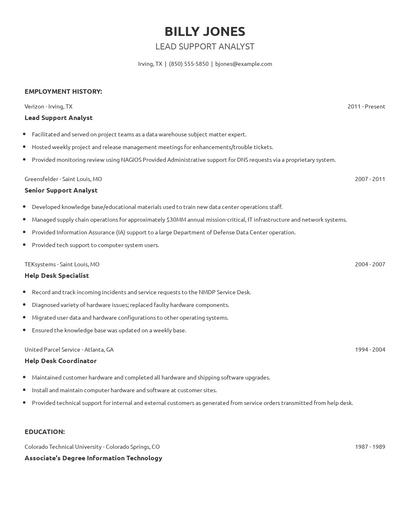 Lead Support Analyst Resume
