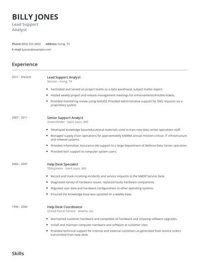 Lead Support Analyst Resume