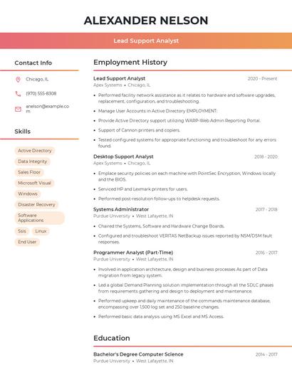Lead Support Analyst Resume
