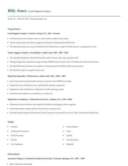 Lead Support Analyst Resume