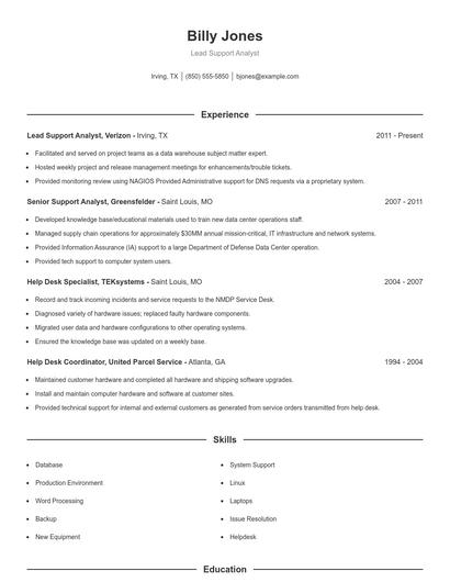 Lead Support Analyst Resume