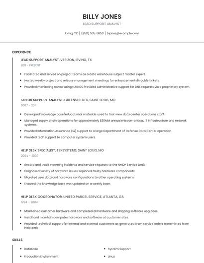 Lead Support Analyst Resume