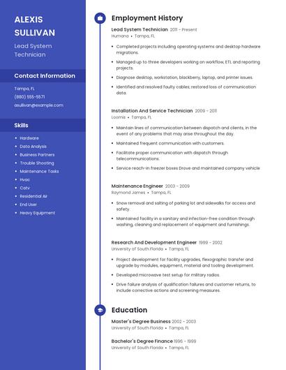 Lead System Technician Resume