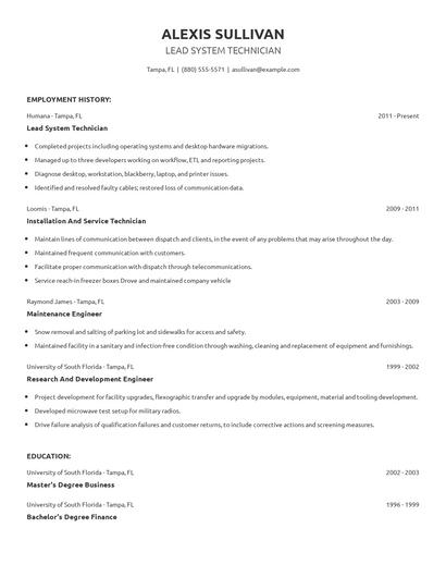 Lead System Technician Resume